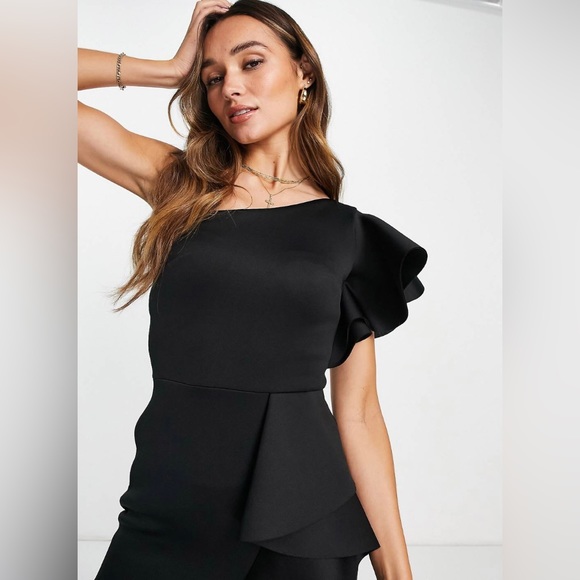 ASOS Dresses & Skirts - One Shoulder Ruffle Midi Dress in Black (Size 12 US / 14 UK)